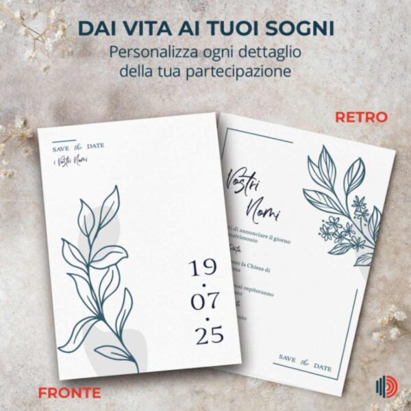 Partecipazione matrimonio personalizzabile con stampa inclusa, dettagli chiari per l'annuncio del grande giorno.