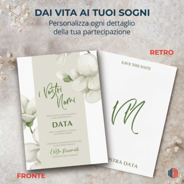 Partecipazione matrimonio personalizzabile con stampa inclusa, dettagli chiari per l'annuncio del grande giorno.