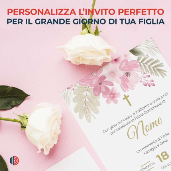 Invito Prima Comunione personalizzabile, stampato su carta di alta qualità con dettagli per cerimonia e festa.