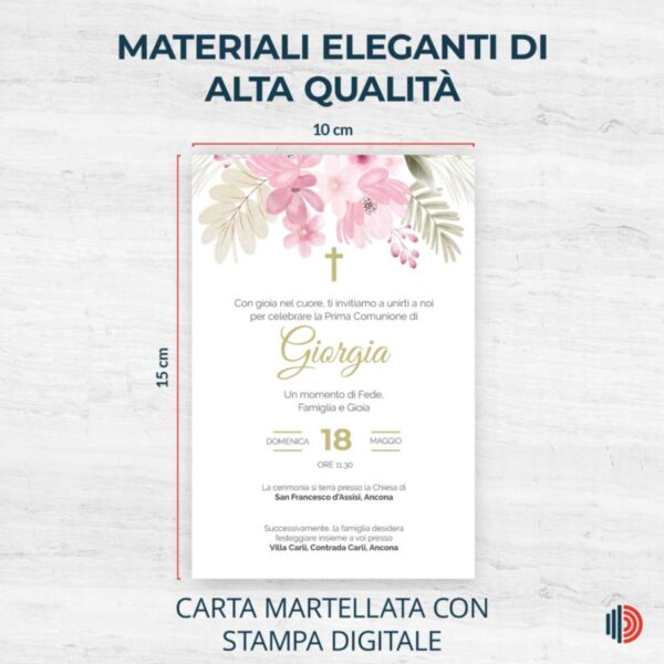 Invito Prima Comunione personalizzabile, stampato su carta di alta qualità con dettagli per cerimonia e festa.