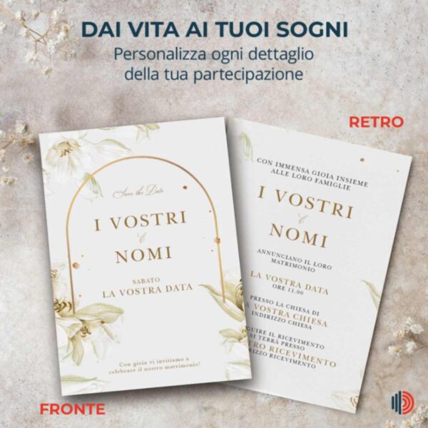 Partecipazione matrimonio personalizzabile con stampa inclusa, dettagli chiari per l'annuncio del grande giorno.