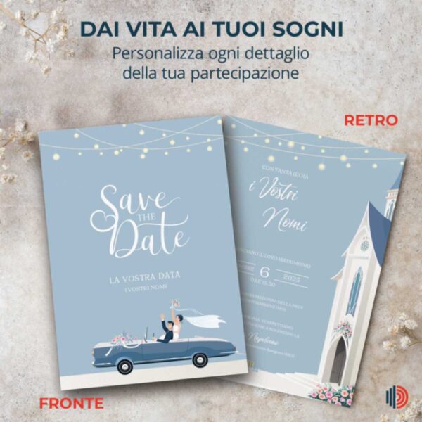 Partecipazione matrimonio personalizzabile con stampa inclusa, dettagli chiari per l'annuncio del grande giorno.