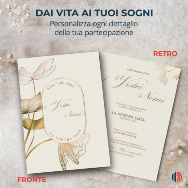 Partecipazione matrimonio personalizzabile con stampa inclusa, dettagli chiari per l'annuncio del grande giorno.