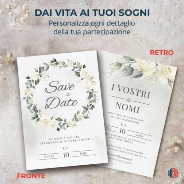 Partecipazione matrimonio personalizzabile con stampa inclusa, dettagli chiari per l'annuncio del grande giorno.