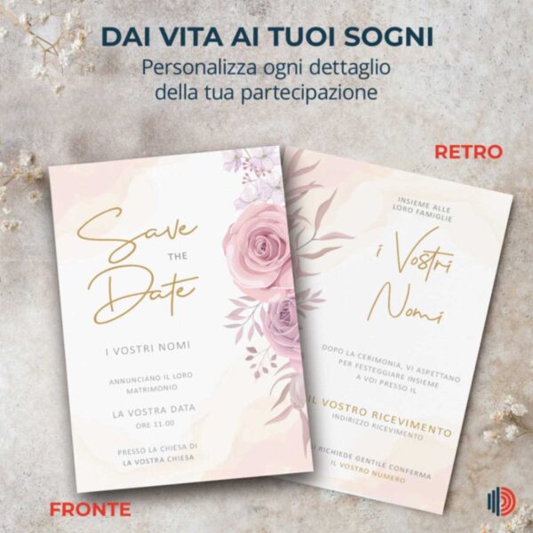 Partecipazione matrimonio personalizzabile con stampa inclusa, dettagli chiari per l'annuncio del grande giorno.