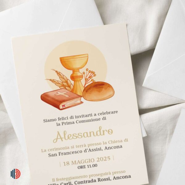 Invito Prima Comunione personalizzabile, stampato su carta di alta qualità con dettagli per cerimonia e festa.