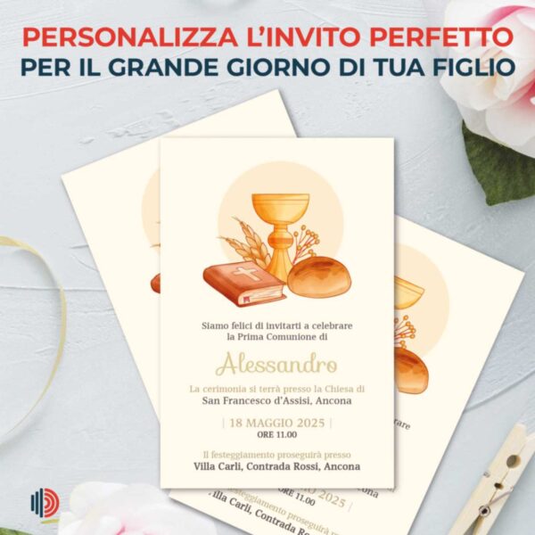 Invito Prima Comunione personalizzabile, stampato su carta di alta qualità con dettagli per cerimonia e festa.