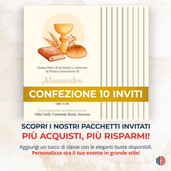 Invito Prima Comunione personalizzabile, stampato su carta di alta qualità con dettagli per cerimonia e festa.