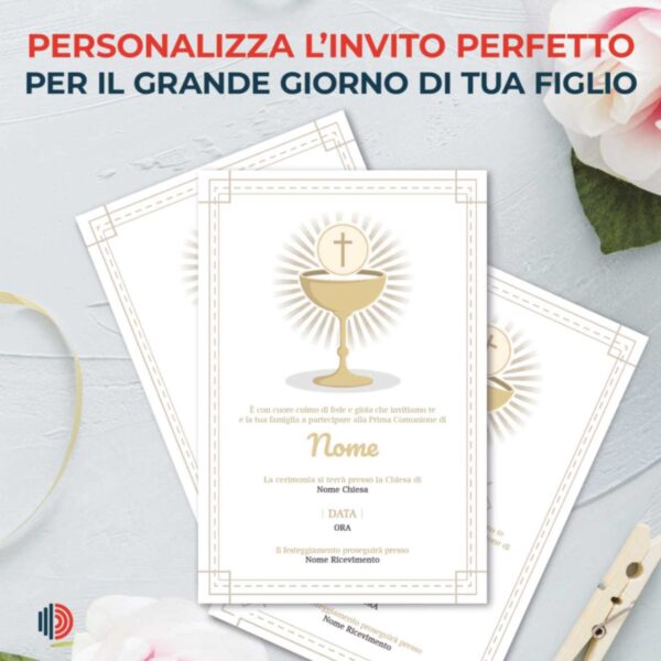 Invito Prima Comunione personalizzabile, stampato su carta di alta qualità con dettagli per cerimonia e festa.