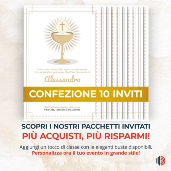 Invito Prima Comunione personalizzabile, stampato su carta di alta qualità con dettagli per cerimonia e festa.