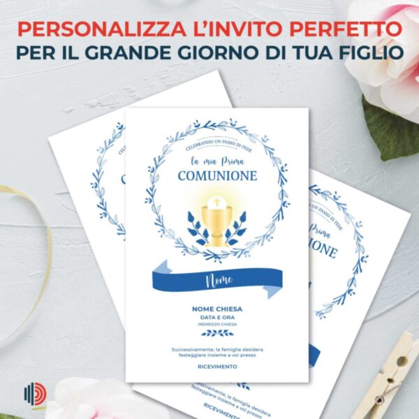 Invito Prima Comunione personalizzabile, stampato su carta di alta qualità con dettagli per cerimonia e festa.