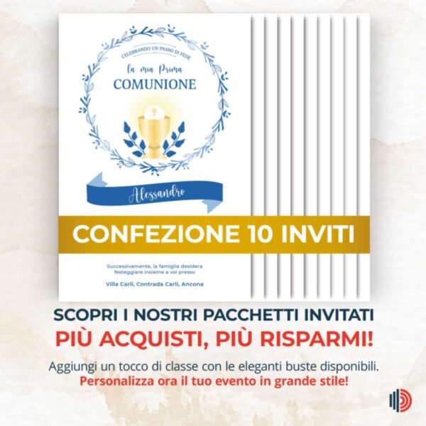 Invito Prima Comunione personalizzabile, stampato su carta di alta qualità con dettagli per cerimonia e festa.