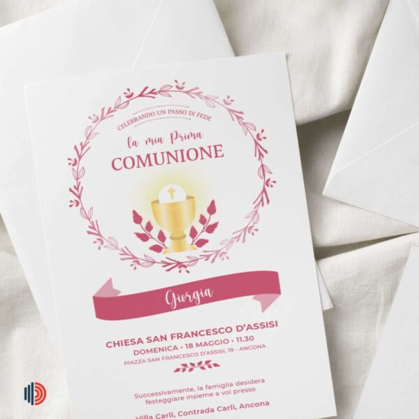 Invito Prima Comunione personalizzabile, stampato su carta di alta qualità con dettagli per cerimonia e festa.