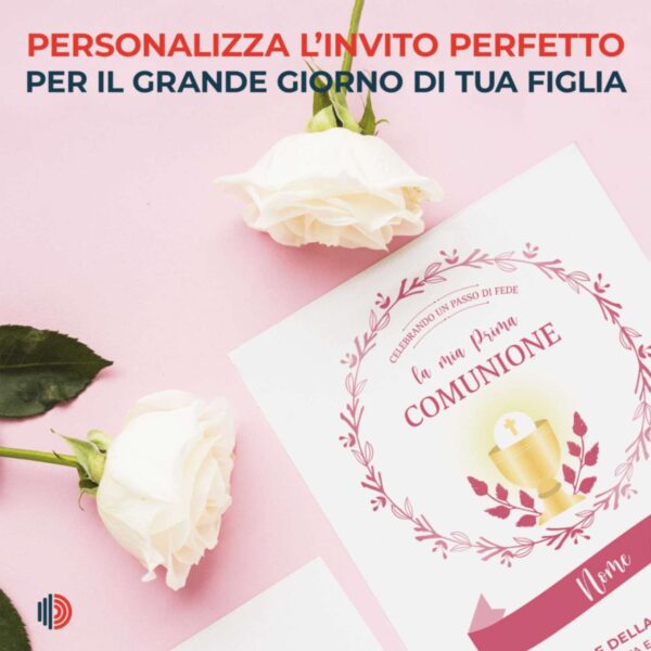 Invito Prima Comunione personalizzabile, stampato su carta di alta qualità con dettagli per cerimonia e festa.