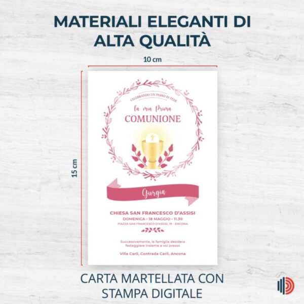 Invito Prima Comunione personalizzabile, stampato su carta di alta qualità con dettagli per cerimonia e festa.