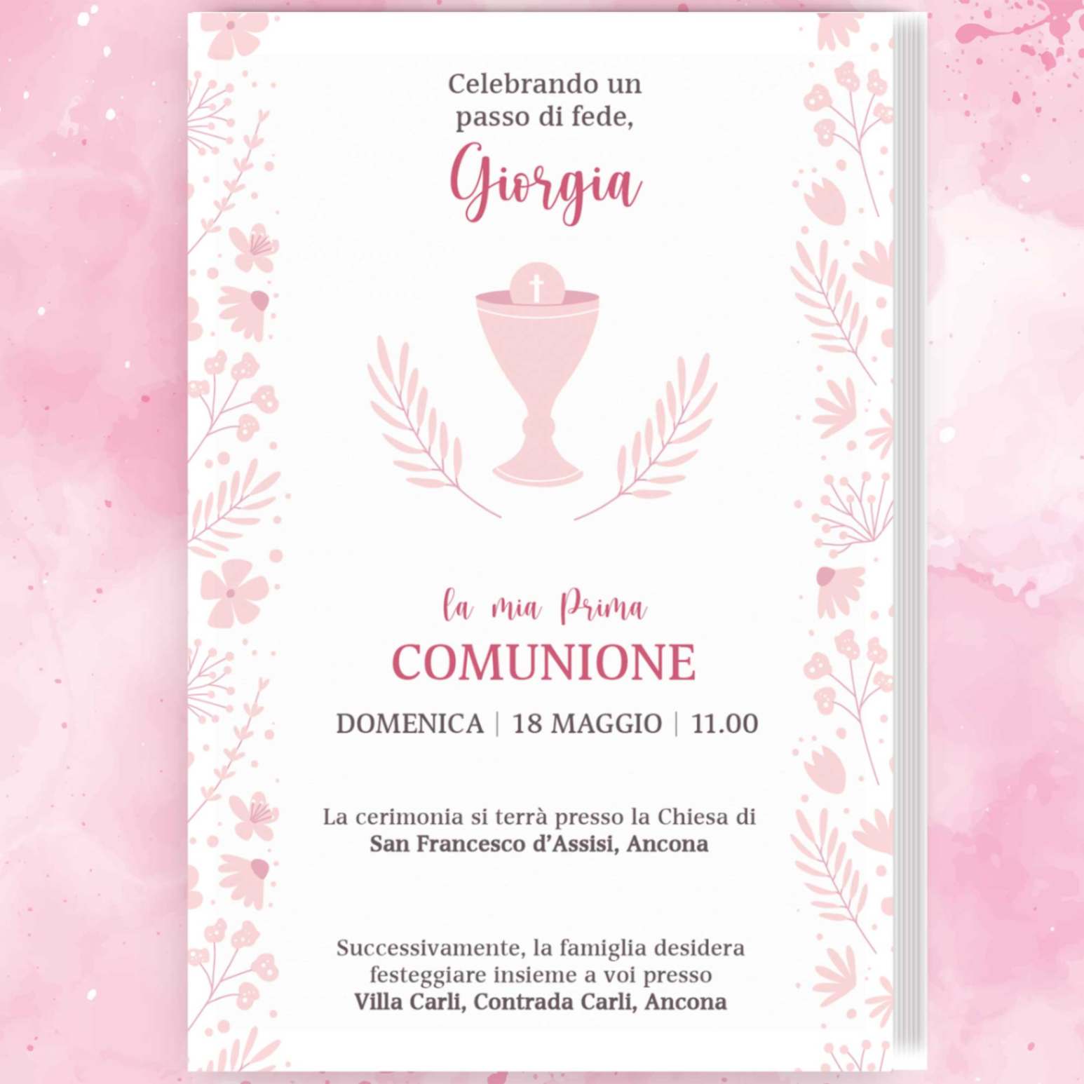 Invito Prima Comunione personalizzabile, stampato su carta di alta qualità con dettagli per cerimonia e festa.