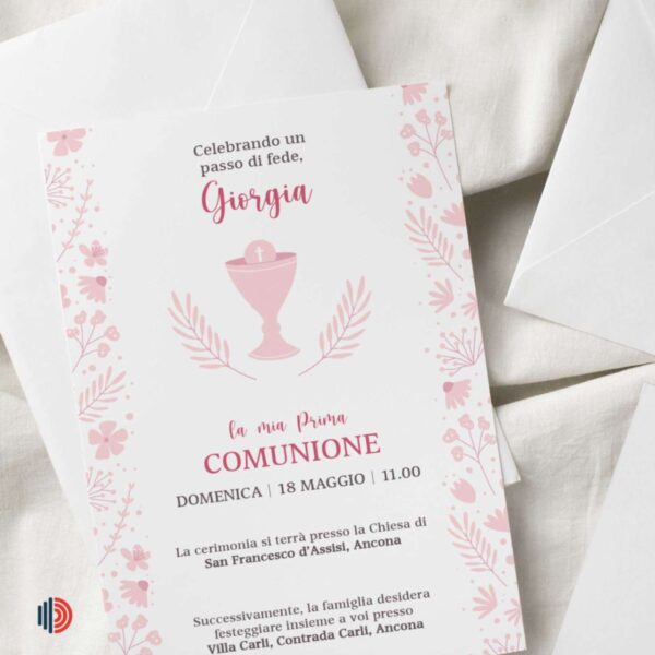 Invito Prima Comunione personalizzabile, stampato su carta di alta qualità con dettagli per cerimonia e festa.