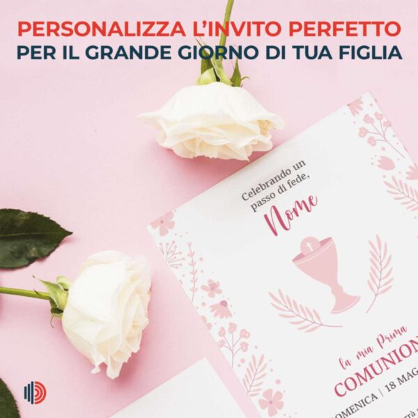 Invito Prima Comunione personalizzabile, stampato su carta di alta qualità con dettagli per cerimonia e festa.