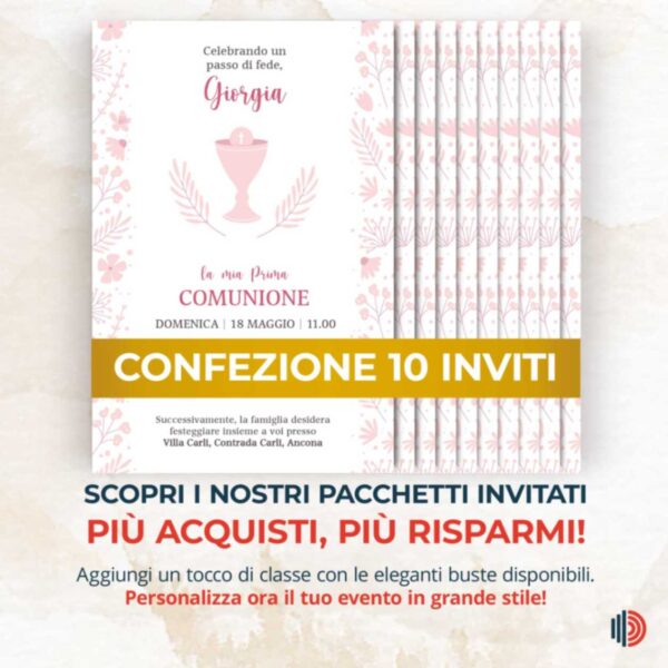 Invito Prima Comunione personalizzabile, stampato su carta di alta qualità con dettagli per cerimonia e festa.