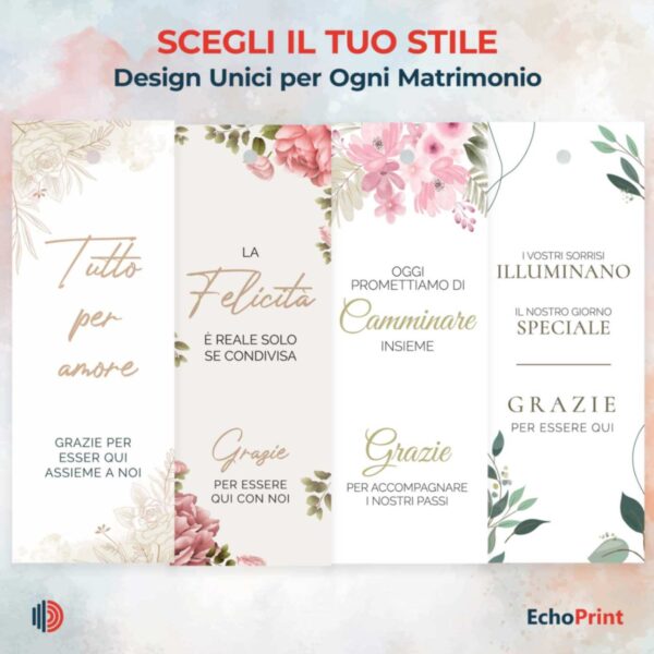 Eleganti segnaposto matrimonio in carta martellata con nastro decorativo.